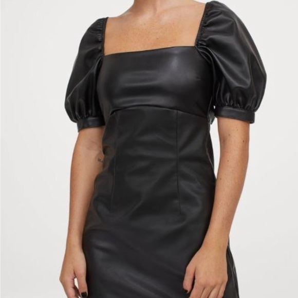 H&M Divided Faux Leather Puff Sleeve Tie back Mini Dress - Picture 2 of 13